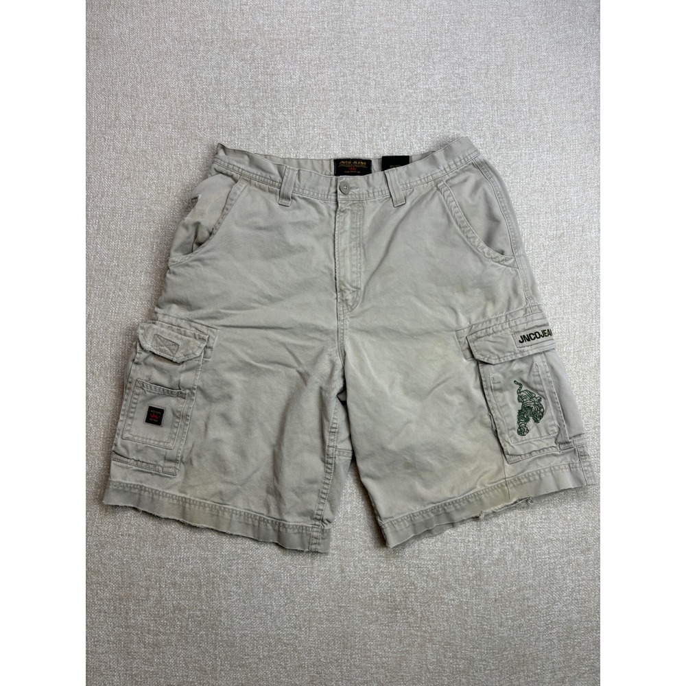 JNCO Jeans Men Khaki Cargo Short Tiger Embroidery Size 34 Vintage 90s Streetwear